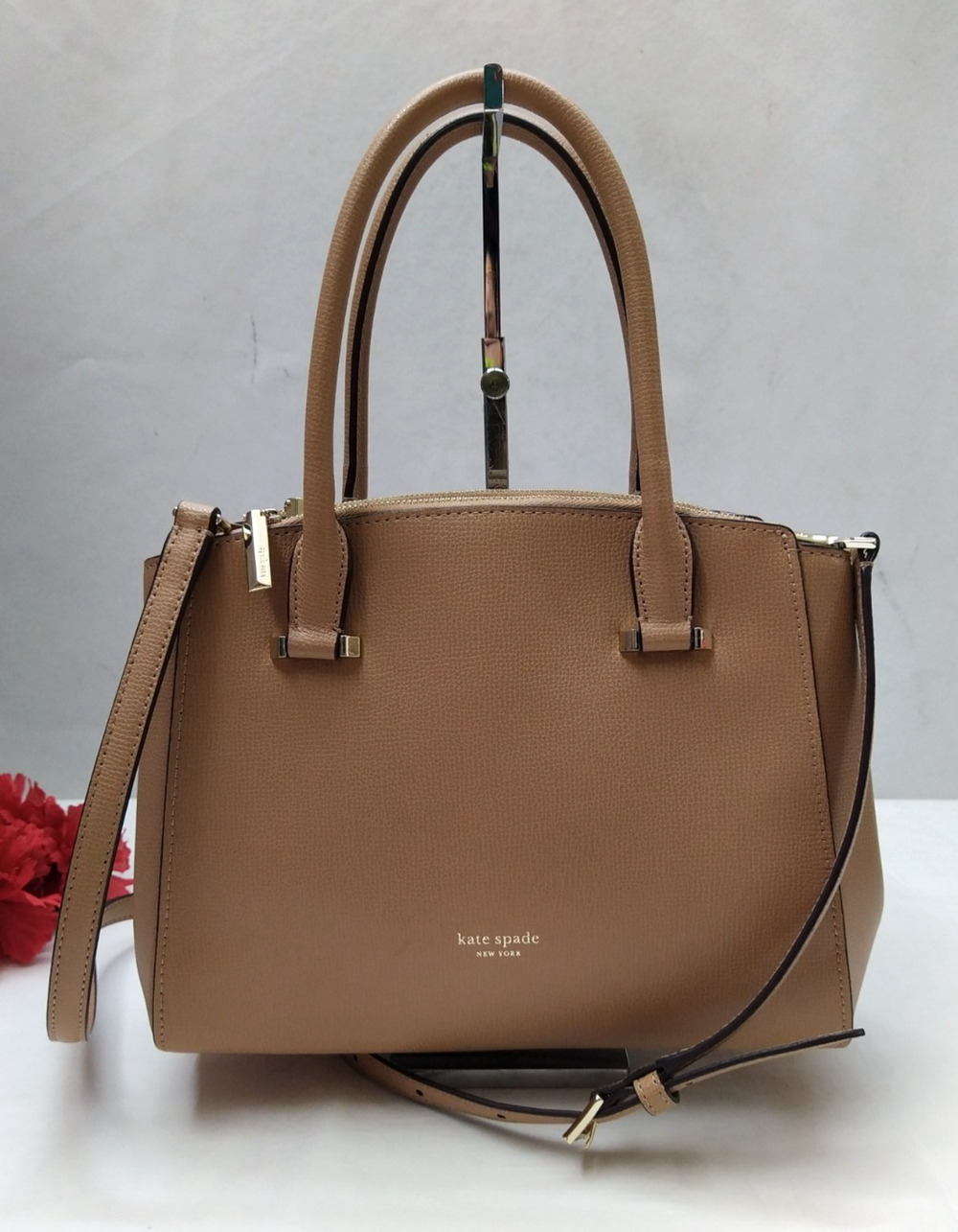 Kate Spade New York Brown Tan Leather Carryall Double Handles Satchel Bag